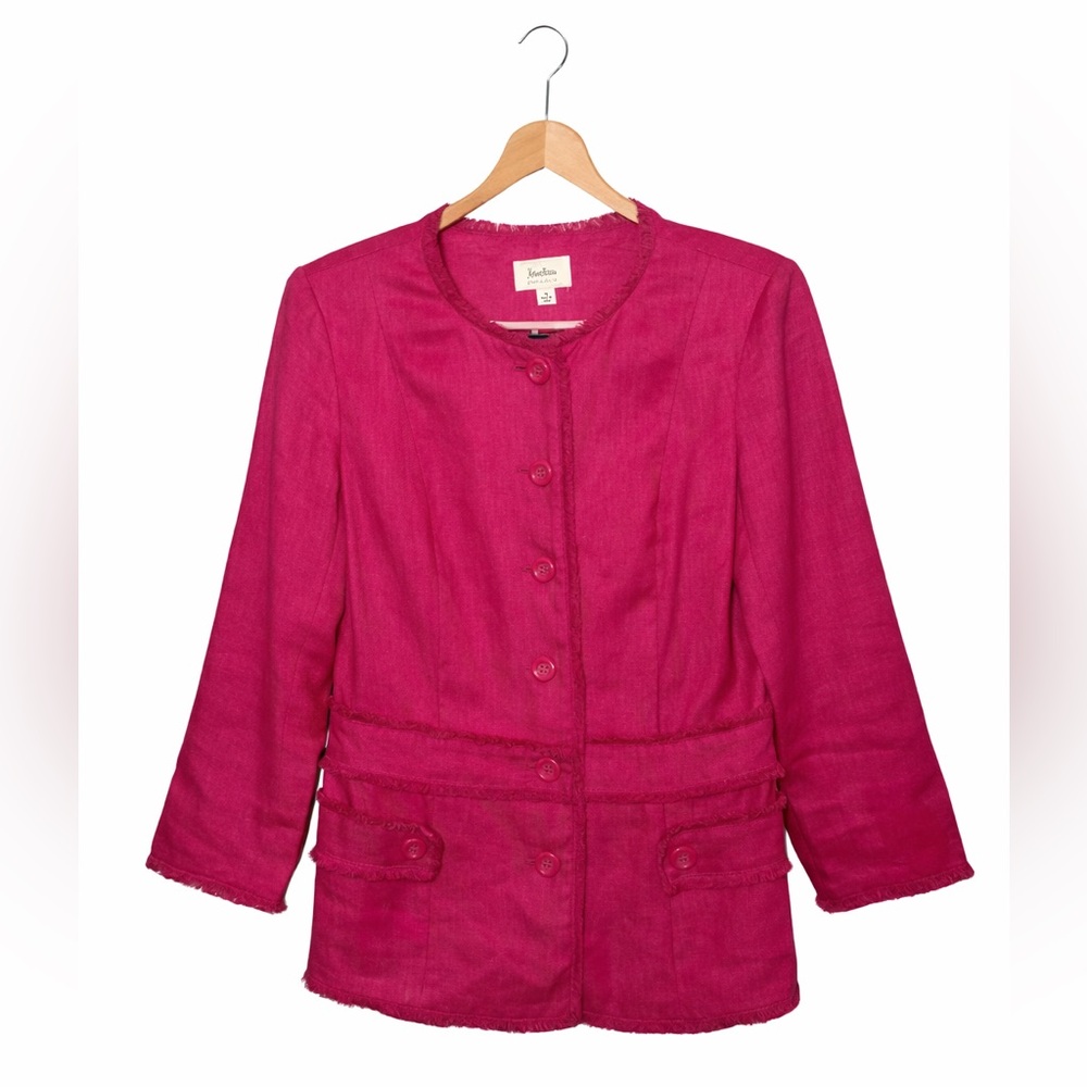 Neiman Marcus Fuchsia Pink Linen Blazer Jacket Size 4 Frayed Trim Tailored Chic